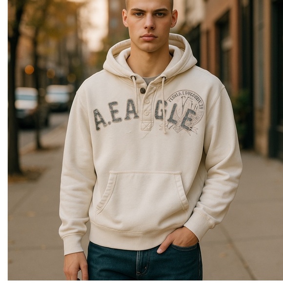 AMERICAN EAGLE MENS DISTRESSED FRAYED HALF ZIP Y2K CASUAL HOODIE SWEATSHIRT SZ L - Picture 1 of 13